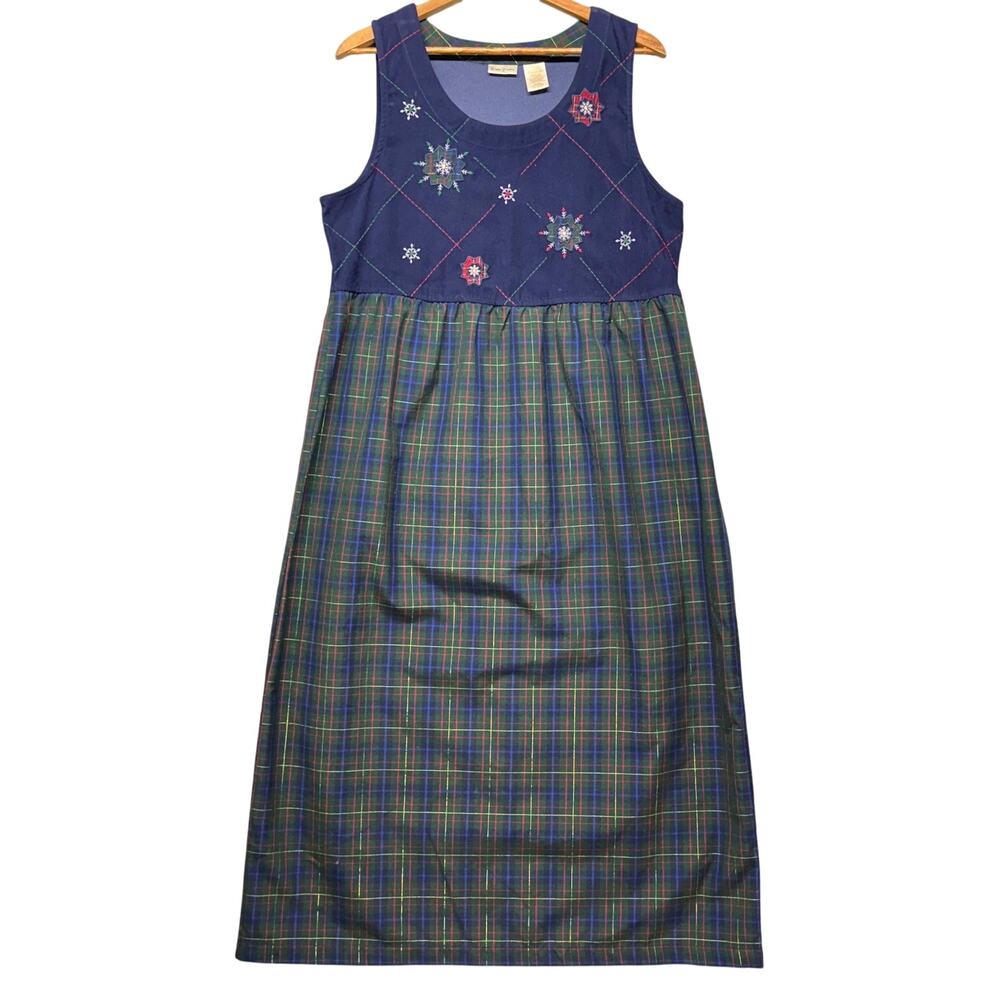Vintage Blue Plaid Snowflake Christmas Holiday Sleeveless Maxi Dress Women Large
